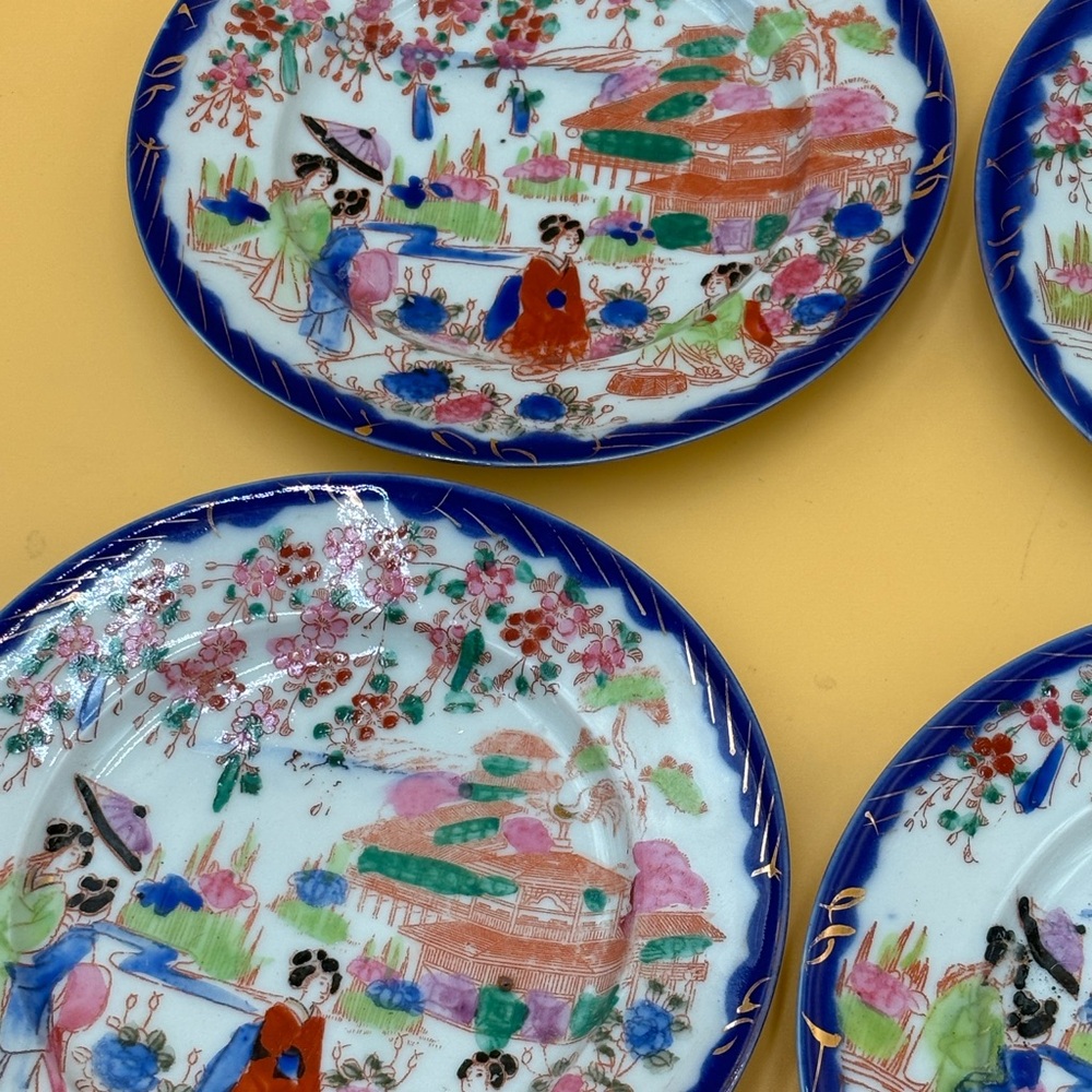 Vintage geisha hand painted plates cobalt blue set of 6, Asian decor - Picture 4 of 9